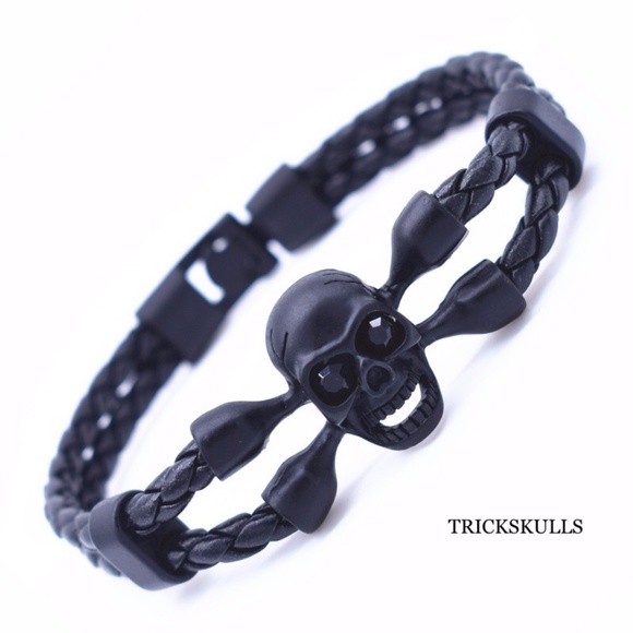 Womens Steel & Leather BLACK Braided Skull & Crossbones Cuff Bracelet 8 1/4” in - Picture 10 of 10